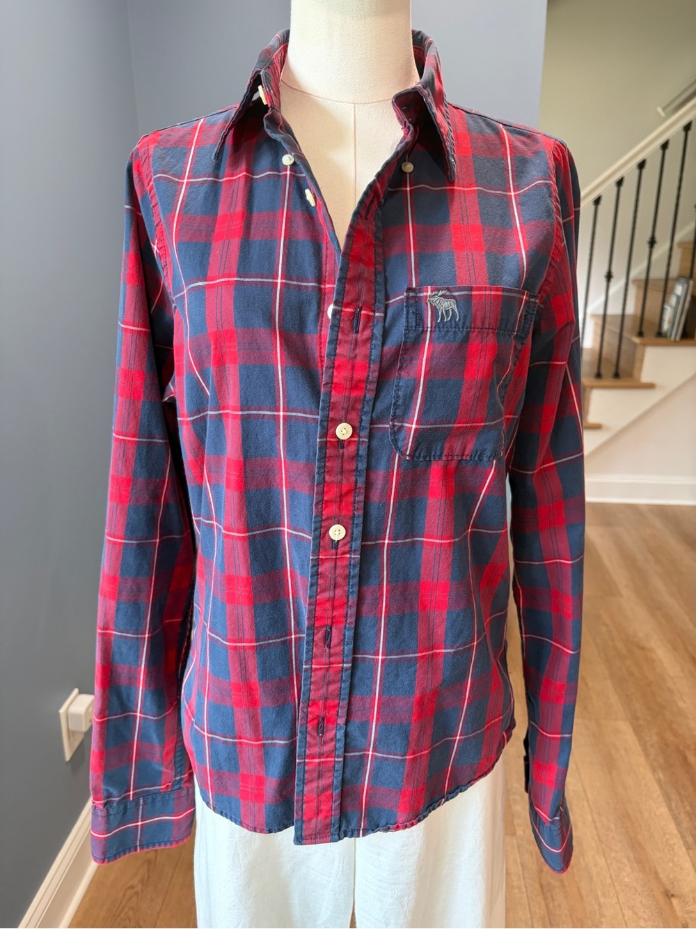 Vintage Abercrombie & Fitch Muscle Fit Plaid Flannel Shirt Red Navy S Y2K